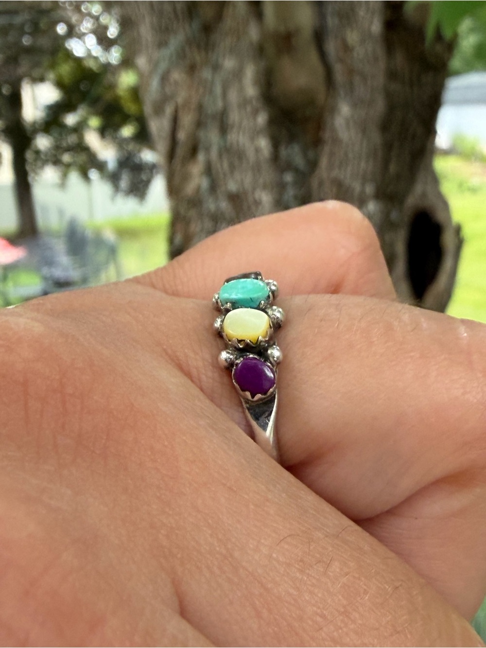 Sterling Silver 925 Multi Gemstone Ring Turquoise, Yellow, Purple, Red, Abalone - Picture 4 of 7
